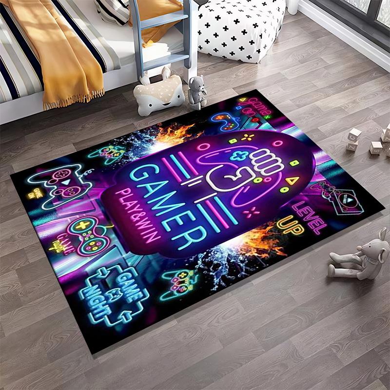 Неоновый ковер для геймера с дизайном игрового контроллера и текстом Play & Win. Подходит для использования в качестве противоскользящего покрытия для гостиной, спальни, диванов.