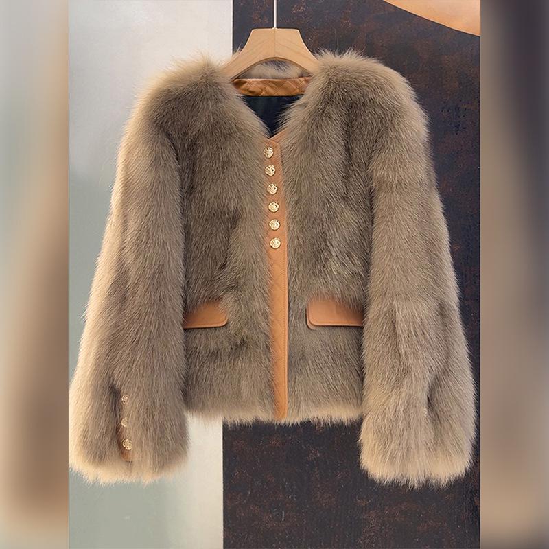 Женская короткая шуба из искусственного меха лисы с кожаной отделкой, на пуговицах, теплая зимняя куртка