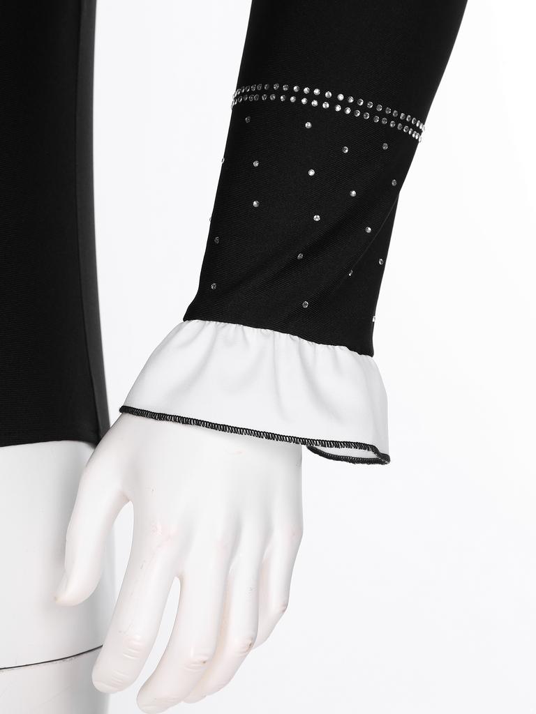 Мужской облегающий танцевальный купальник-комбинезон для латиноамериканских танцев, танго, бальных танцев, длинный рукав, оборчатый воротник, блестящий боди со стразами