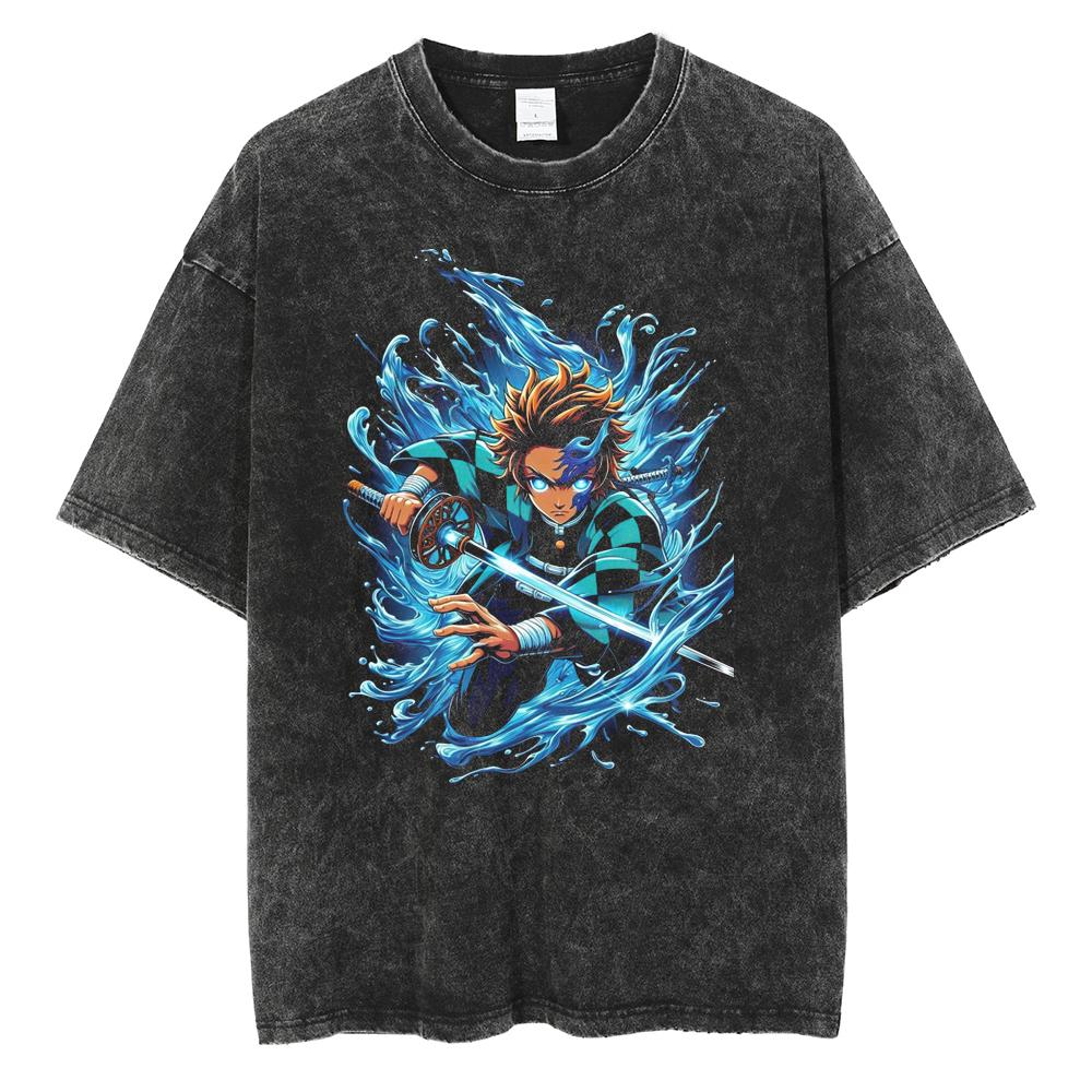 Anime Demon Slayer Tanjirou Nezuko Zenitsu Inosuke Cute Graphic Tshirt Men Women Washed Cotton T-shirts Harajuku Male Manga Tops