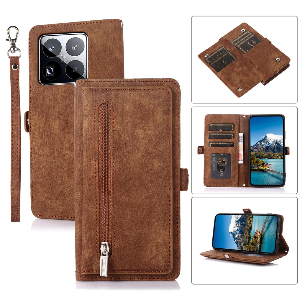 Чехол для Xiaomi 15 Pro с карманом на молнии, 9 слотами для карт, кожаный чехол для телефона из ПУ с ремешком на запястье