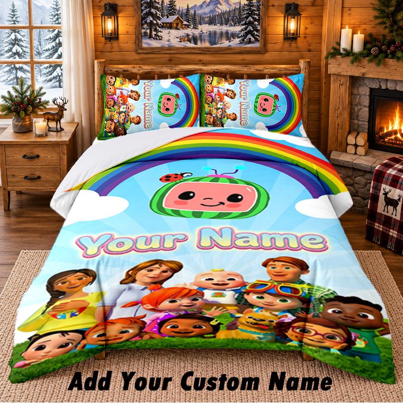 Cocomelon Custom Name 3Pcs Bedding Set 1 Bed Sheet 2 Pillowcases Bedroom Home Decor