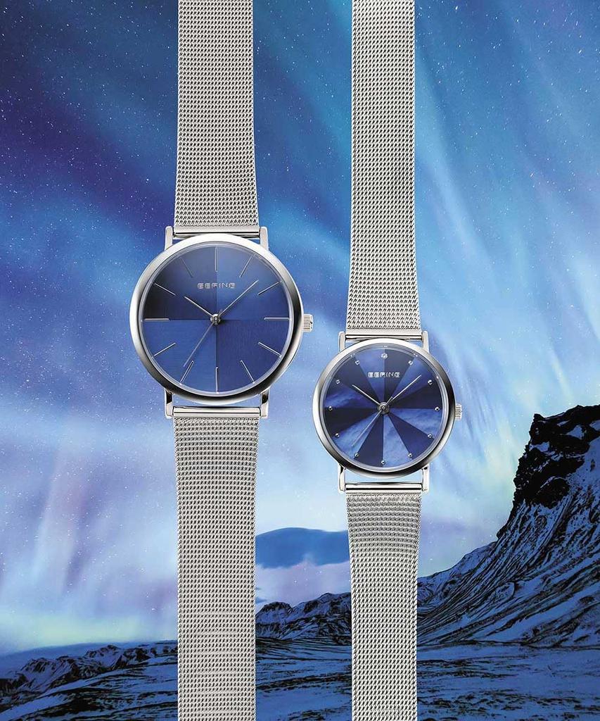 BERING Northern Lights 2024 Japan Limited Women's Watch Blue Dial Silver Mesh Strap Sapphire Crystal