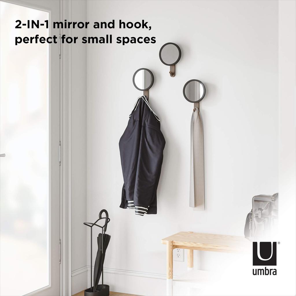 Umbra Hub Mirror Black Walnut Wood Wall Hook Hat Coat Rack Interior Decor