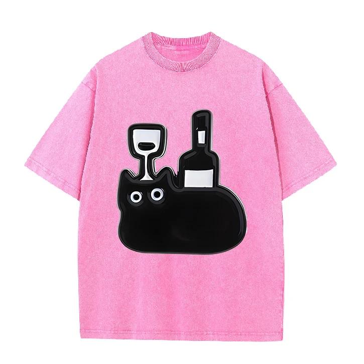 Vintage Acid Wash Oversized T Shirt for Women Men Funny Cartoon Black Cat Beverage Cup Print Short Sleeve Tee Y2K T-shirts