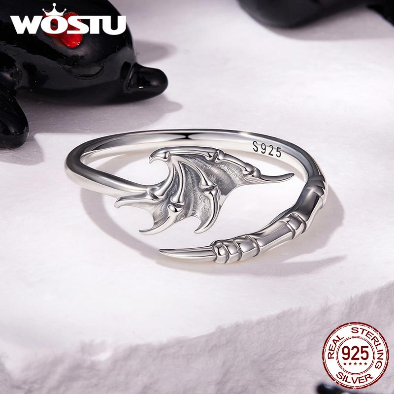 WOSTU 925 Sterling Silver Edgy Gothic Demon Wing Claw Ring For Women Retro s925 Silver Punk Adjustable Rings Halloween Gift
