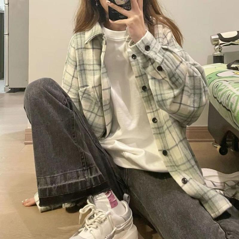 Long Sleeve Plaid Loose Fit Cotton Shirt For Women