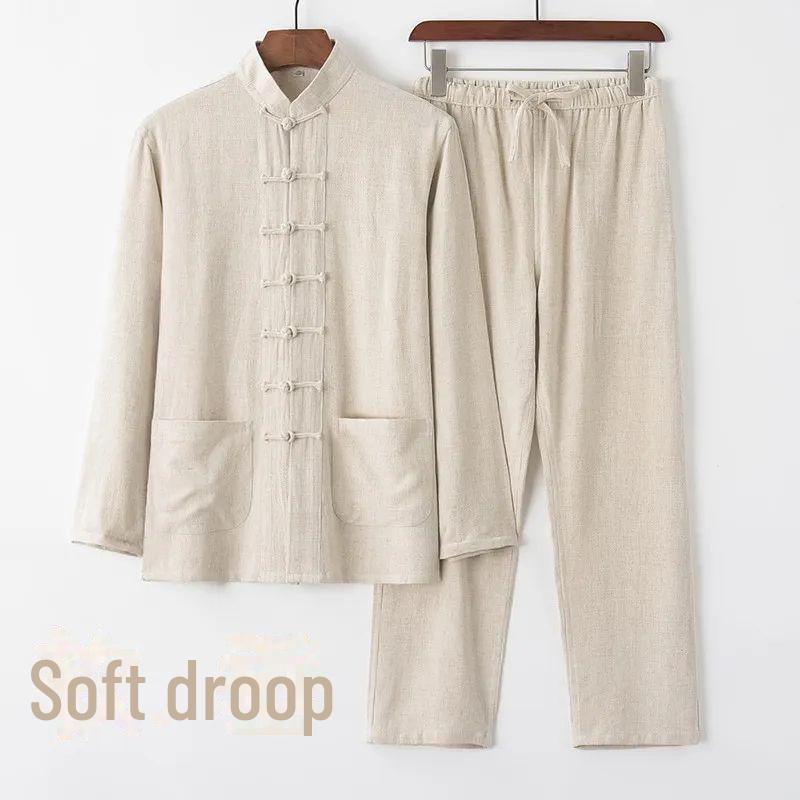 Мужской летний китайский костюм Тан из хлопка и льна: Модный наряд в стиле мандарин с пуговицами