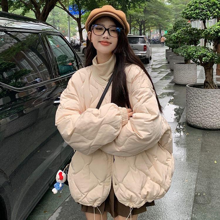 Casual Diamond Patterned Cotton Coat for Women with Lazy Style - Solid Color Winter Jacket