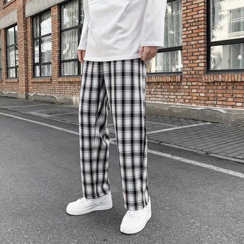 Клетчатые мужские брюки, весна-лето, модные повседневные винтажные брюки, свободные прямые домашние брюки, красивая уличная одежда, брюки большого размера