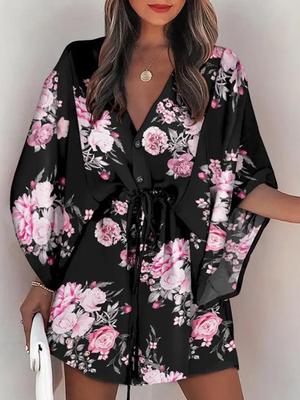 Летнее мини-платье женское с принтом, рукавами «летучая мышь», на шнуровке, с v-образным вырезом, свободные платья на пуговицах, женское пляжное вечернее платье