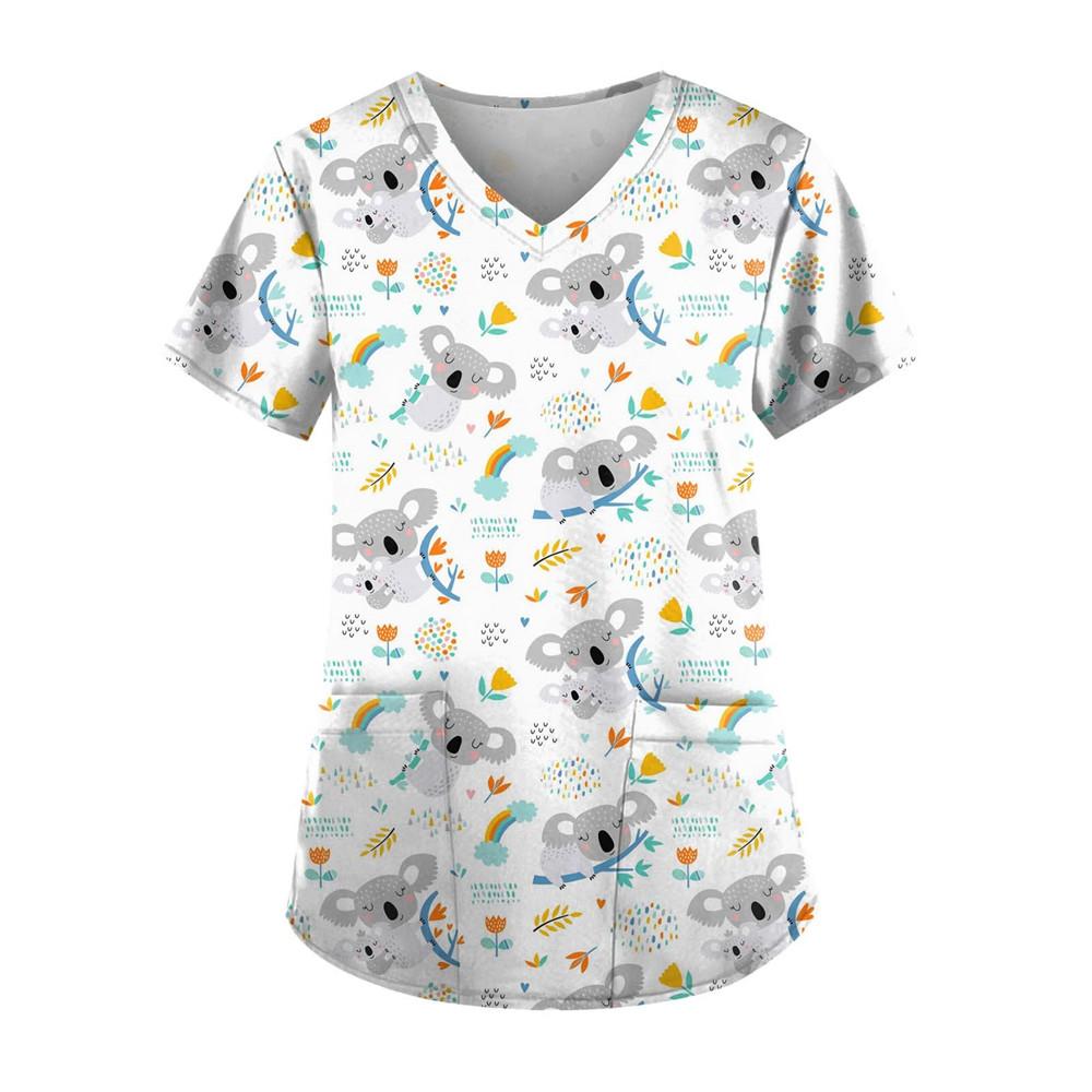 Женская одежда с мультяшным 3D-принтом и V-образным вырезом, женская рабочая одежда, топы с коротким рукавом и карманами, униформа для сиделок и медсестер