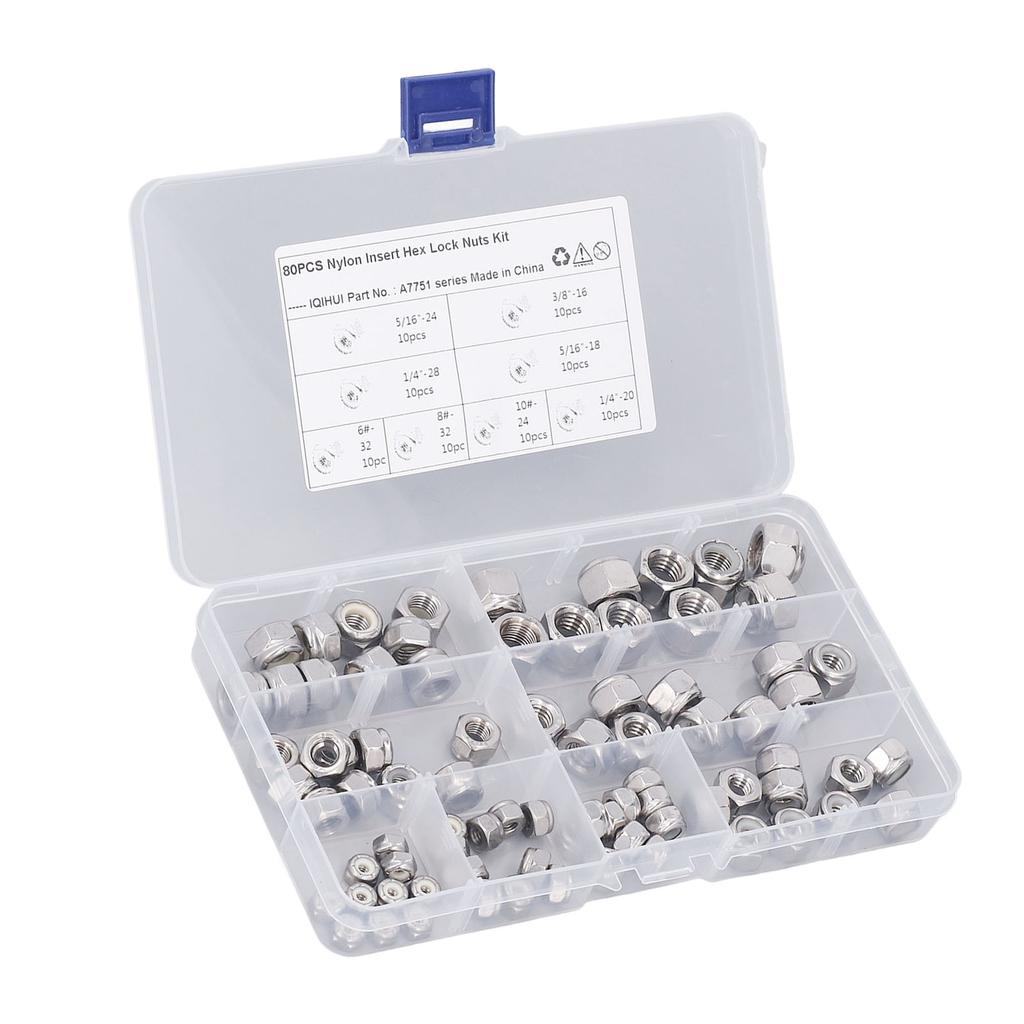 80PCS Hex Nuts Assortment Kit 304 Stainless Steel Lock Nuts with Nylon Insert 8 Specifications