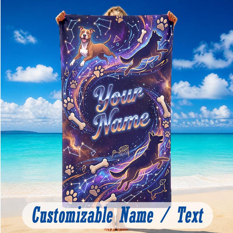 Dog Theme Beach Towel Personalized Custom Name & Text Soft Quick Dry Beach Towel for Swimming Travel