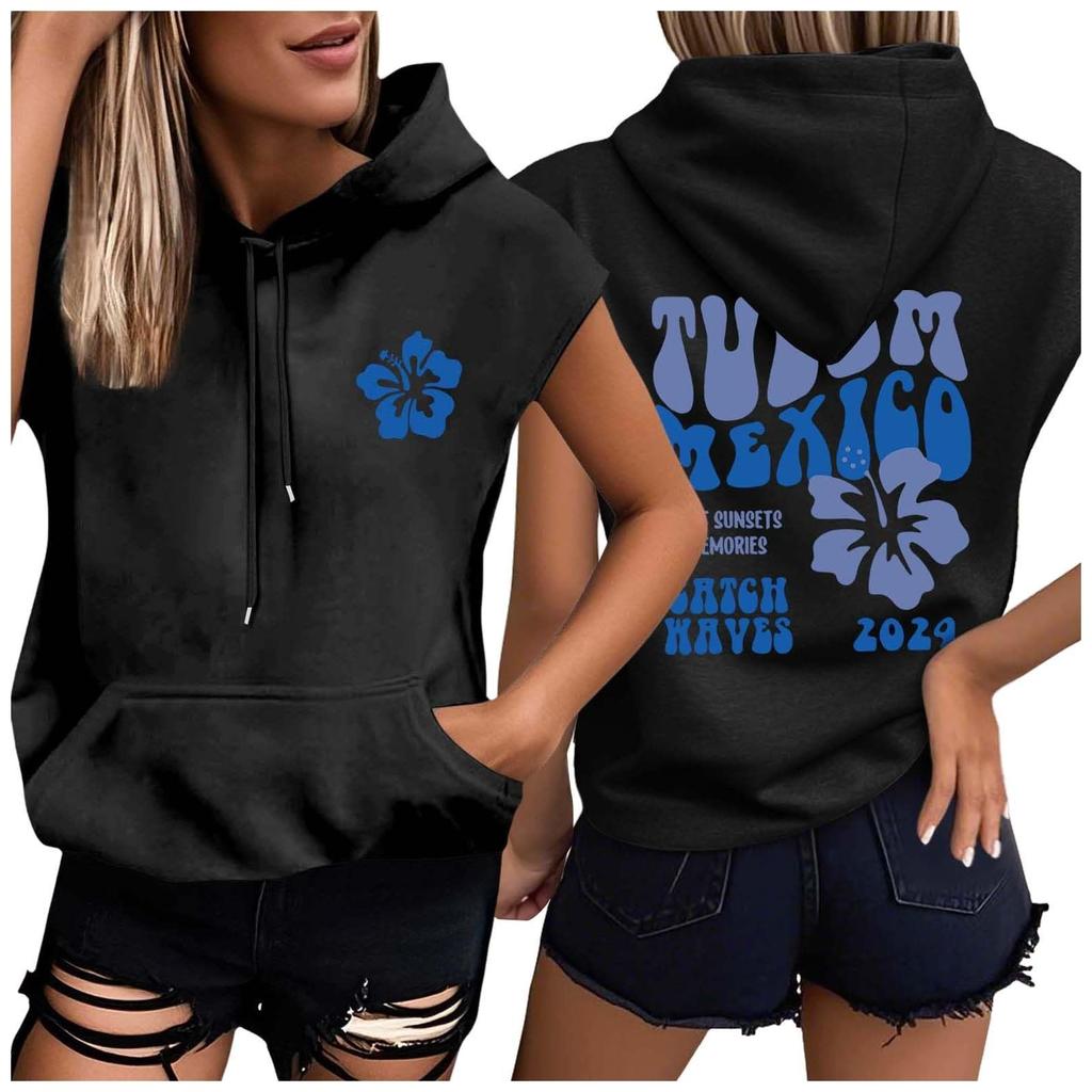 Женские летние футболки без рукавов с капюшоном, толстовки с капюшоном, свободные повседневные туники, толстовки