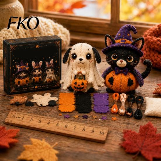 Animal Patchwork Craft Halloween Friends Kit, DIY Sewing Make 4 Kit Adorable Characters, for Beginners Handmade Gift Holiday Decor