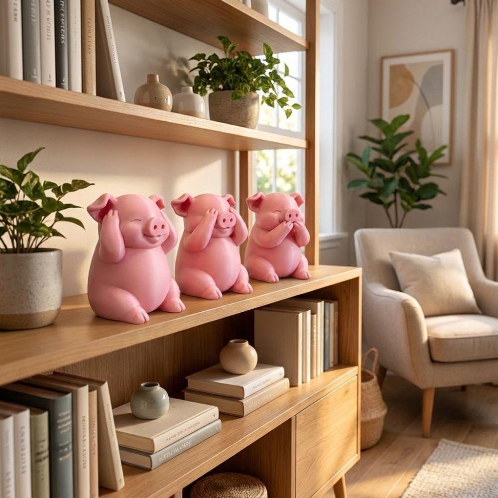 3PCS Miniature Pink Pig Figurine Cartoon Pig Ornament Piggy Statue Micro Landscape
