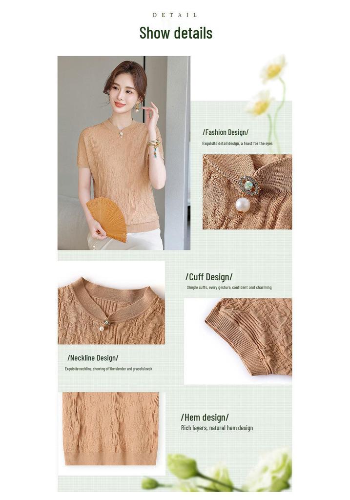 Elegant Textured Knit Short-Sleeve T-Shirt for Middle-Aged and Elderly Women 2026