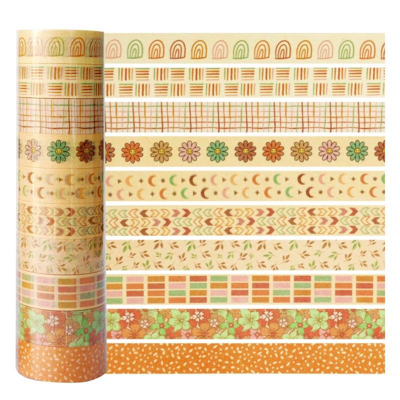 10 Rolls Retro Boho Washi Tape Set Vintage Bohemian Tribal Motifs Sun Moon Plants Decorative Masking Tape for Journaling