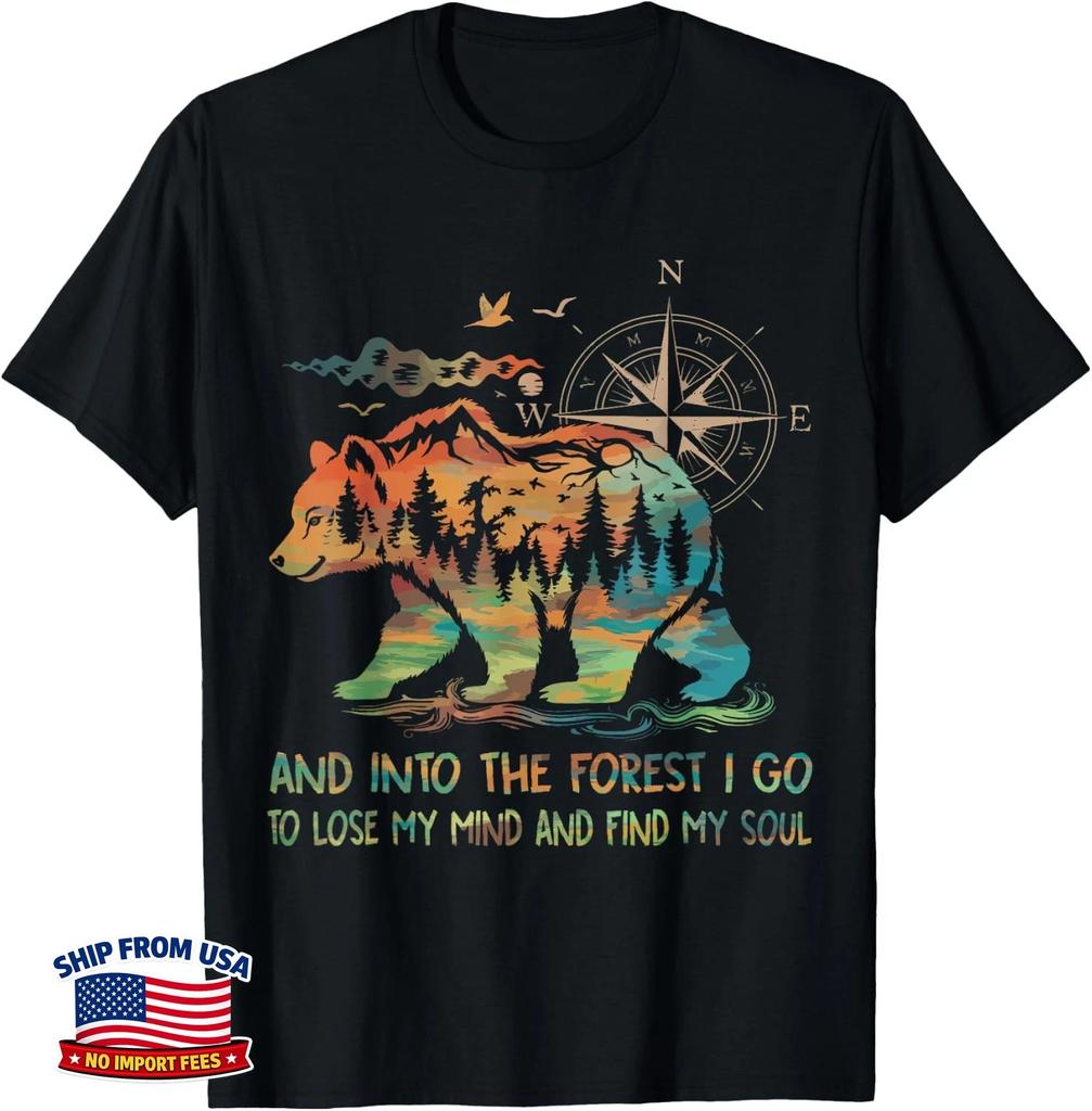 And Into The Forest I Go To Lose My Mind Camping Bear Retro Unisex T-Shirt