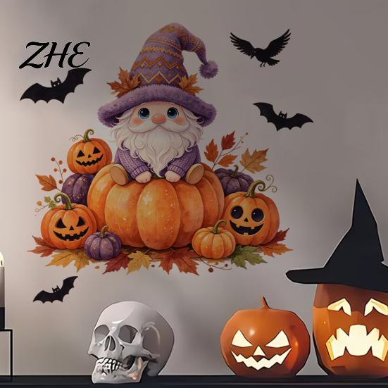 Seasonal Home Wall Ornaments Halloween Dwarf Pumpkin Stickers, Self Adhesive Removable PVC Decals, Autumn Leaves Decorative Stickers for Holidays And