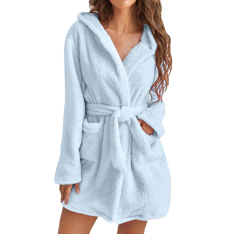 Autumn Winter Women Bath Robe Fluffy Plush Pyjamas Ladies Sexy Hooded Dressing Solid Color Gown Warm Bathrobe Female Loungewear