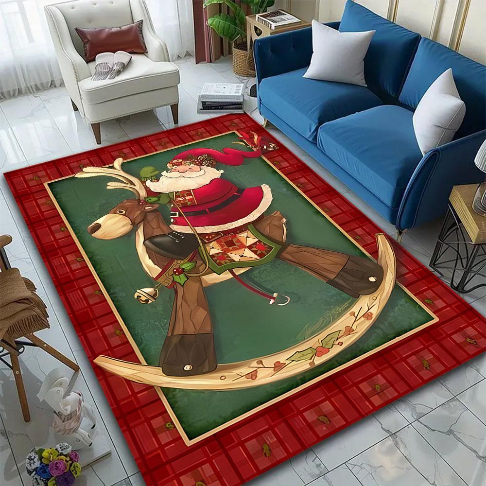 Santa on Rocking Reindeer Art Rug Patterned carpet, suitable as a non slip play mat for the living room and bedroom sofa