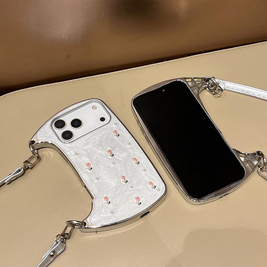 Elegant Pink Rose Pearl Shoulder Phone Case for iPhone 12-17 Series — Adjustable Strap, Mirror Metallic Frame