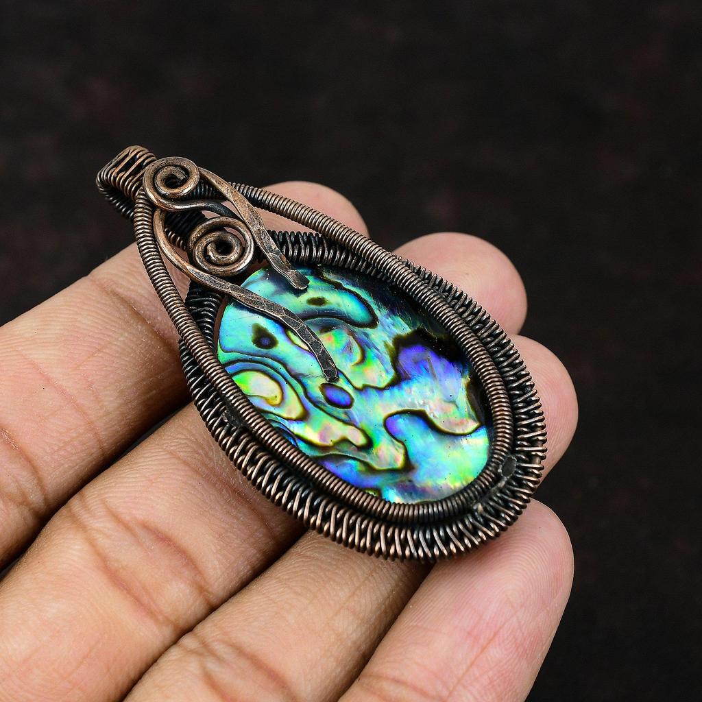 Подвеска из ракушки абалона, обернутая медной проволокой, дизайнерская бижутерия с драгоценными камнями, подвеска ручной работы, подарок для матери, украшения из ракушки абалона для подарка