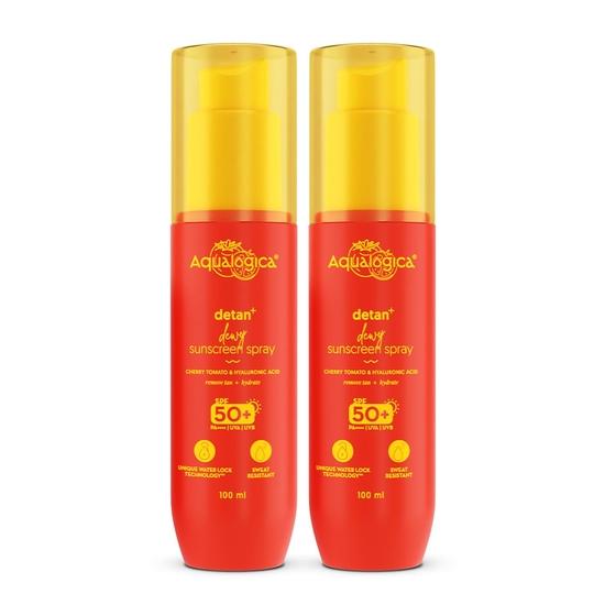 Aqualogica Detan+ Dewy Sunscreen Spray Spf 50+ Pa++++ Защита от UVA/B-излучения увлажняющий и устойчивый к поту легкий и белый оттенок - 100 мл - 2 шт.
