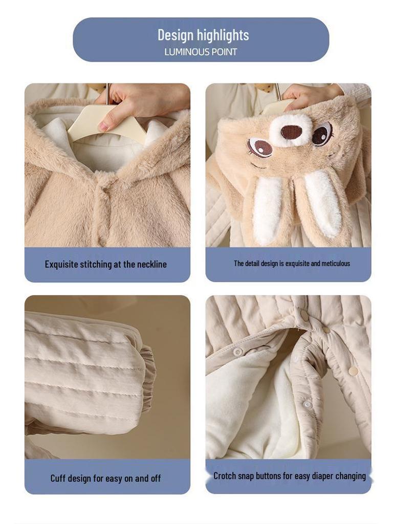 Детский зимний комбинезон-слип с капюшоном из кроличьего флиса - Толстый уличный костюм для малыша