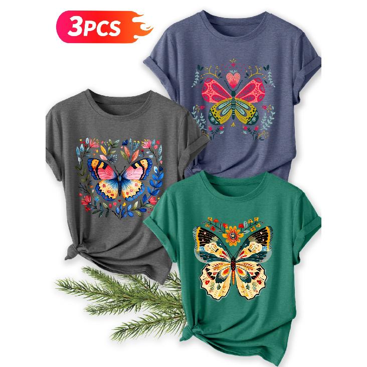 Three-piece set Vintage butterfly print short-sleeve retro round neck T Fresh and natural style loose-fitting shirt 2026 Elegant spring and summer