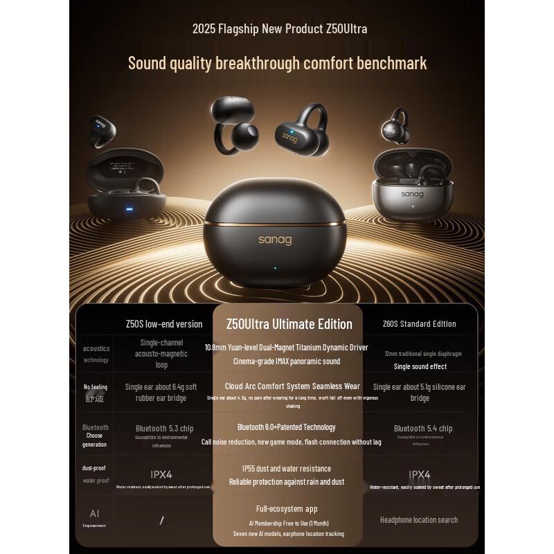 SANAG Z50 Ultra Bluetooth Наушники-клипсы с ИИ костной проводимостью Открытого типа