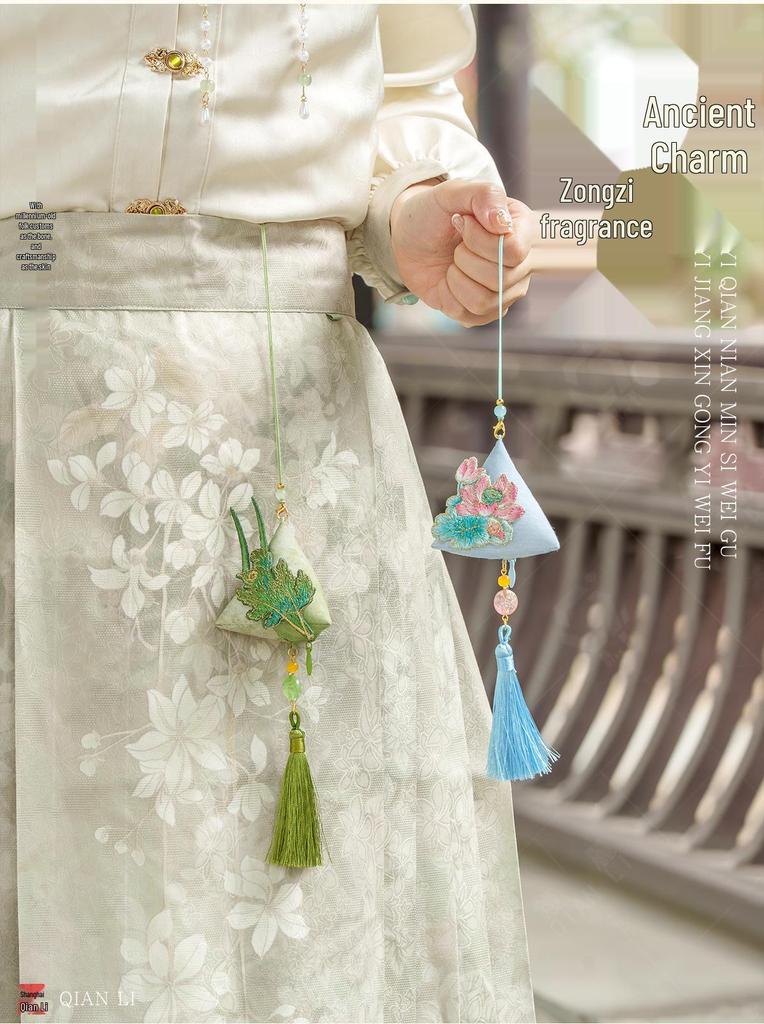 [Lisun] Dragon Boat Festival Embroidered Lotus Scented Sachet - Triangle Mugwort Leaf Zongzi Fragrance Bag