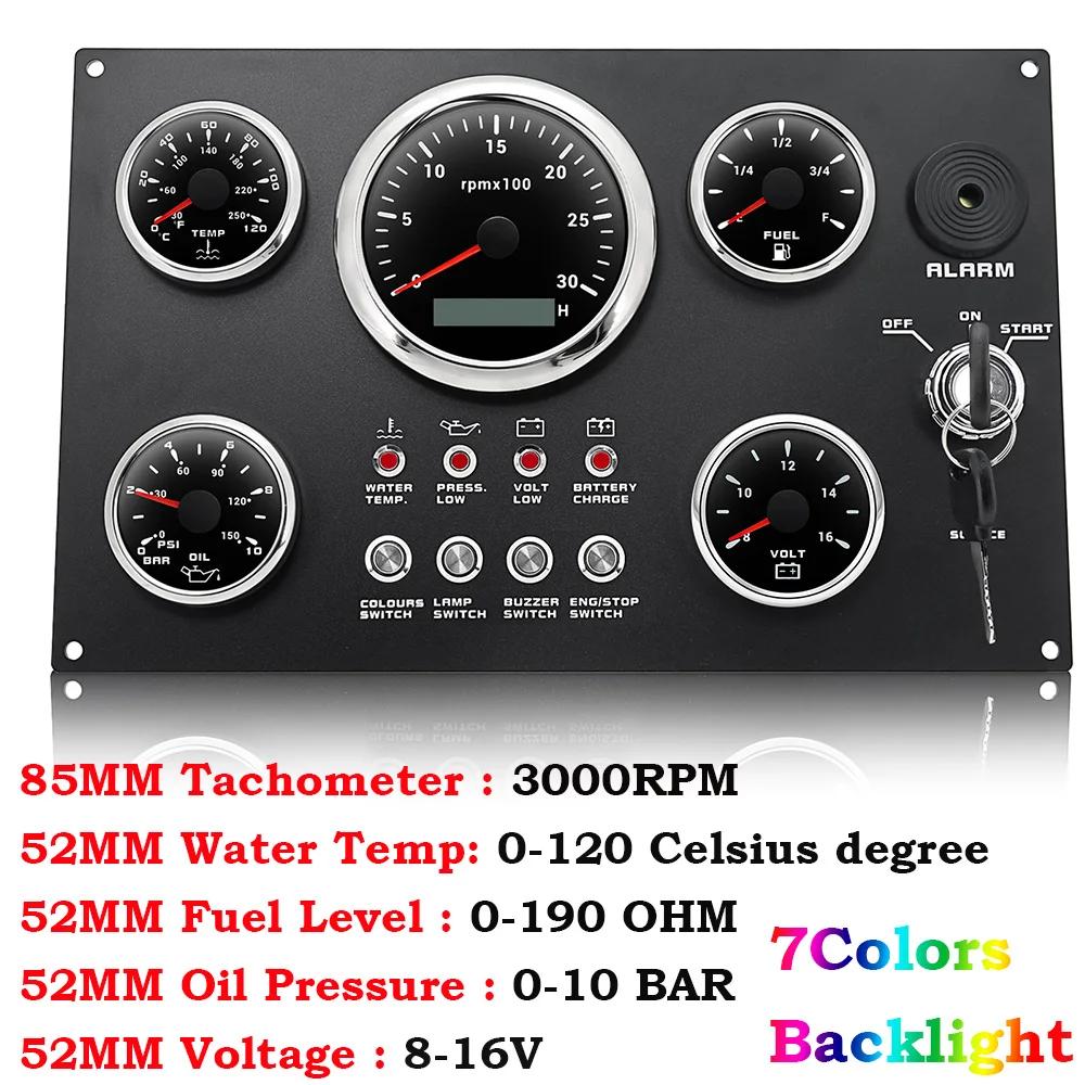 7 Color Backlight Marine Boat 5 Gauge Set 85MM Tachometer+Fuel Level Gauge+Water Temp Meter+Oil Pressure Gauge+Voltmeter 52MM