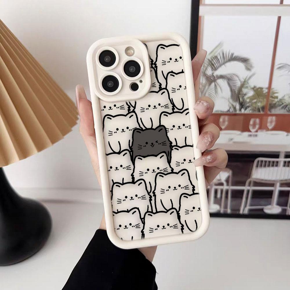 Забавный черный мультяшный кот Чехол для телефона для iPhone Apple 17 AIR 16 16E 11 12 13 14 15 XR Plus Pro Max Чехол Сделай сам ТПУ Ударопрочный Чехол
