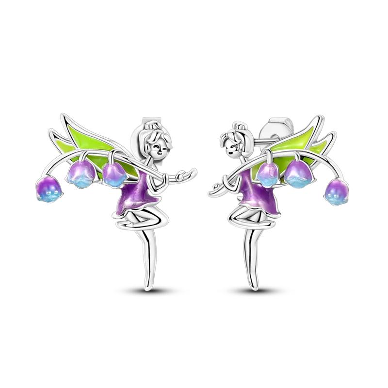 Original 925 Sterling Silver Purple Flower Owl Earrings Women 2025 Zircon Ear Studs Sparkling Pave Hoop Earring Jewelry Gift