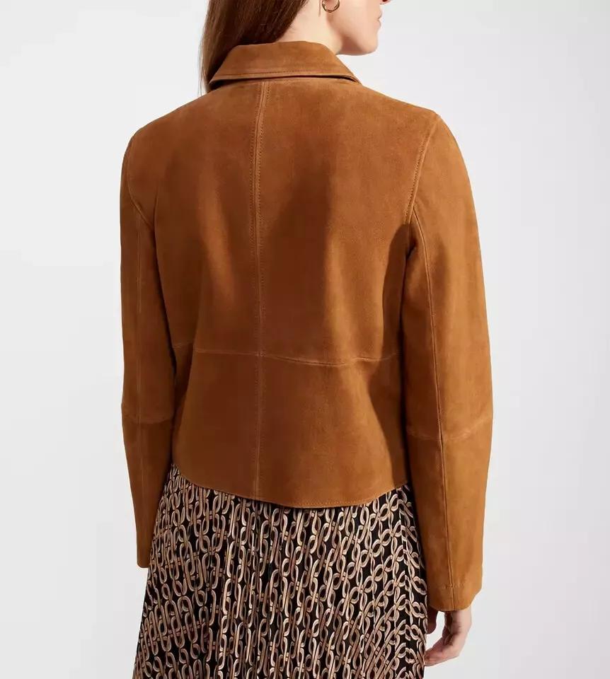 Genuine Soft Pure Suede Brown Leather Shirt Biker Casual Classy Handmade Women