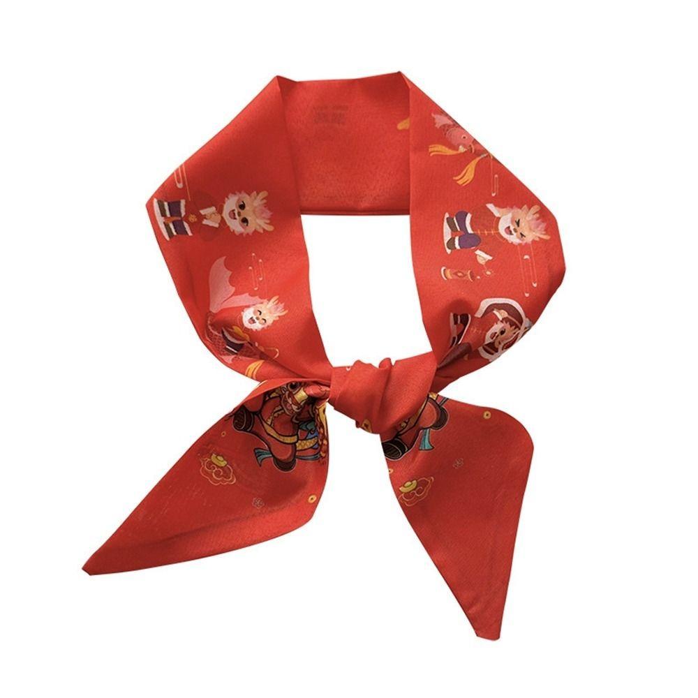 Printed New Year Red Silk Scarf New Year Scarves Scarf Hair Band Long Scarf New Year Decoration