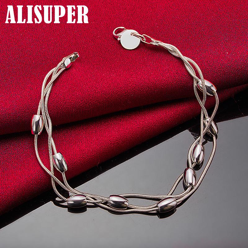 Ювелирные изделия из стерлингового серебра 925 пробы с тремя змеиными цепочками и гладкими бусинами в форме фасоли