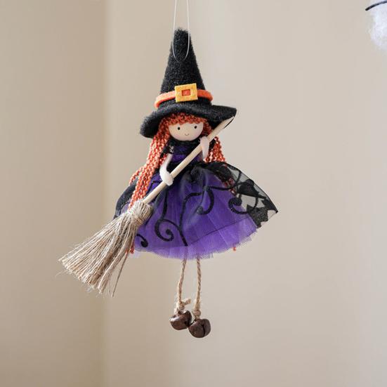 Halloween Witch Doll Decor with Broom Small Witch Figurine with Gauze Skirt Kitchen Hanging Witch Ornament for Room Door Window Halloween Decor