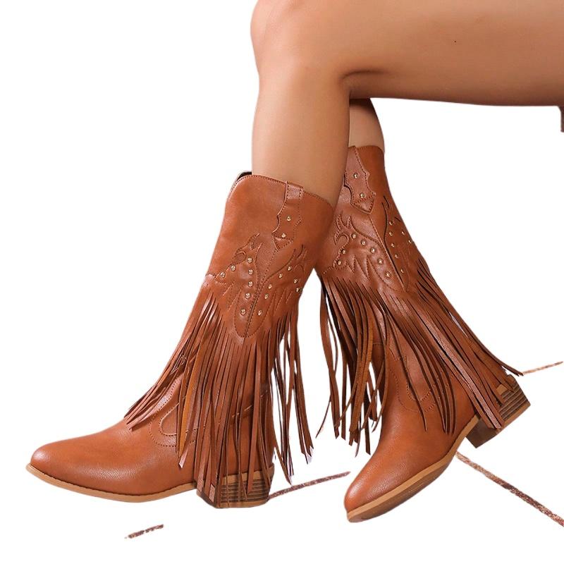 Модные женские ботинки SyfIyno на танкетке с толстым каблуком, заклепками и кисточками, дизайнерские ковбойские ботинки из искусственной кожи, коричневые ковбойские ботинки для женщин, ковбойские ботинки