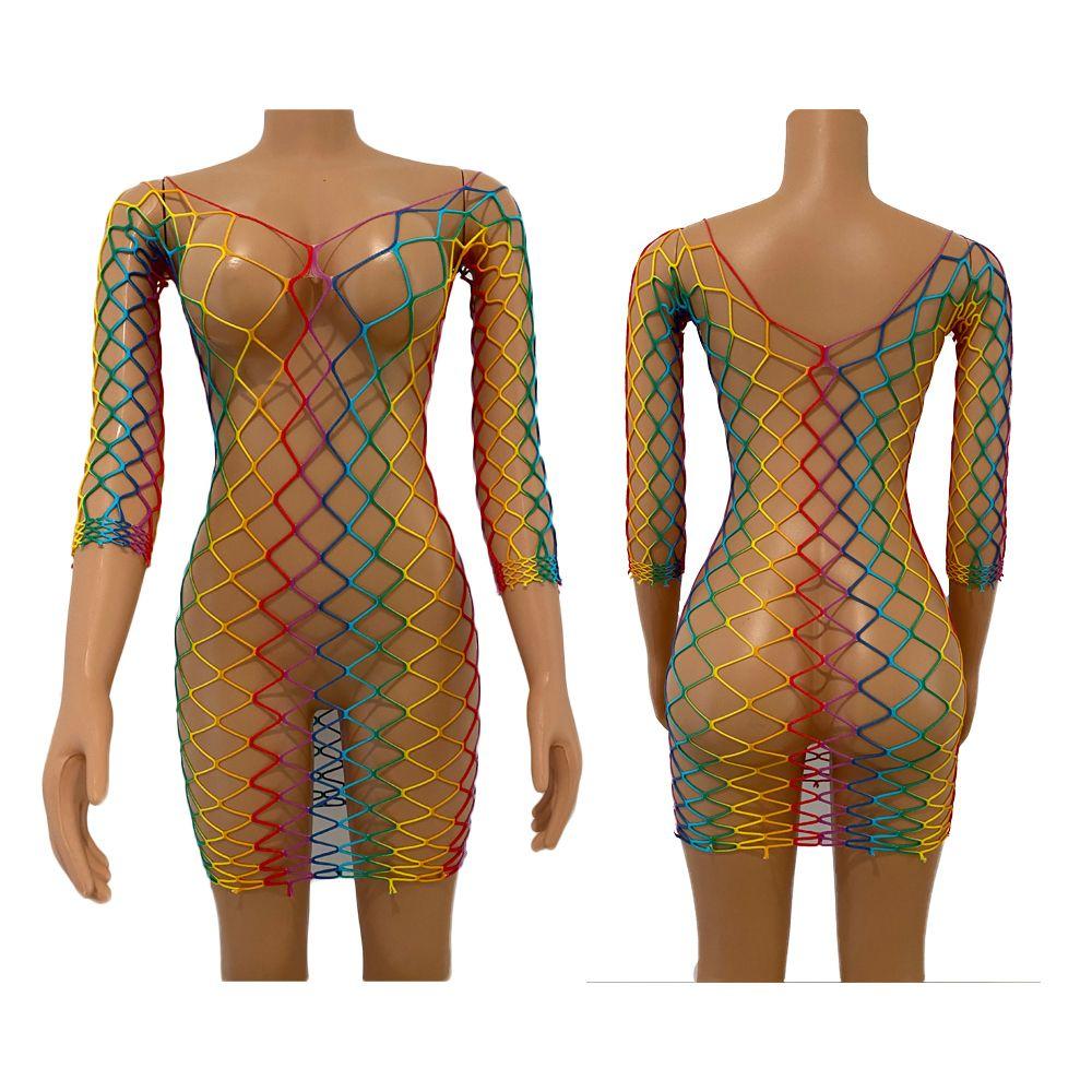 Summer Outfits Transparent Fishnet Tank Tops Bikini Cover Ups Rainbow Swimsuit Women Mesh Dress