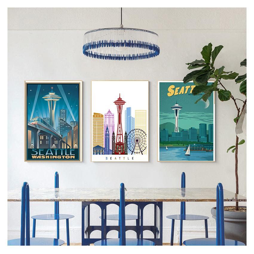 Дорожные картины на холсте, винтажные настенные крафт-плакаты с покрытием, наклейки на стену, домашний декор, подарок, Соединенные Штаты, Сиэтл, город Вашингтон