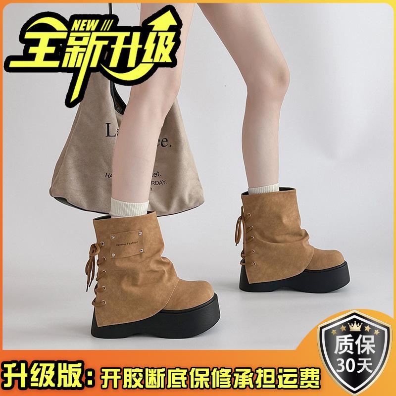 Retro Rear Lace-Up Skinny Thick Boots Autumn and Winter Versatile Pants Boots Women's Martin Boots Knight Boots