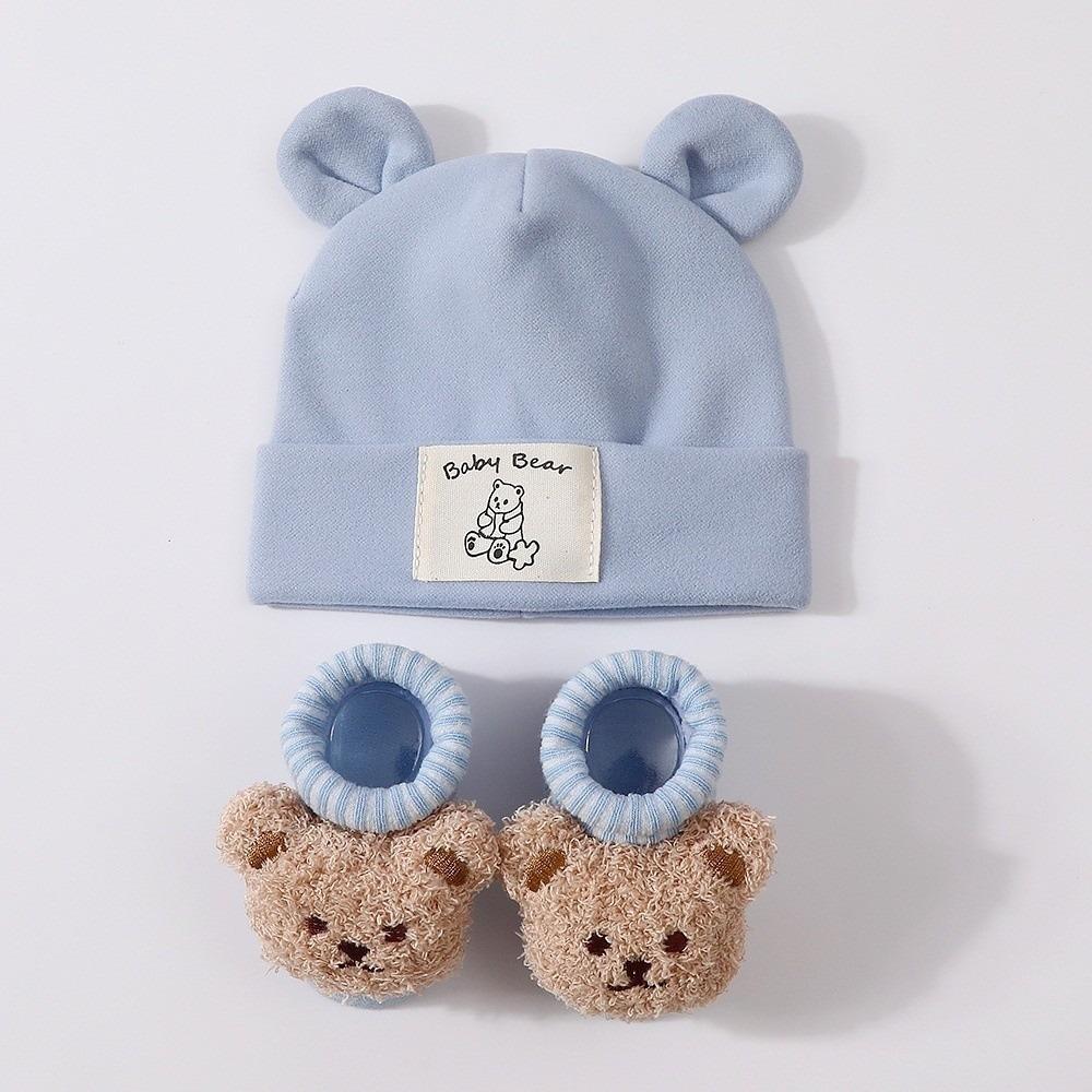 2Pcs/Set Warm Bear Ear Beanie Cotton Infant Cap Socks Cute Baby Turban Socks Autumn Winter