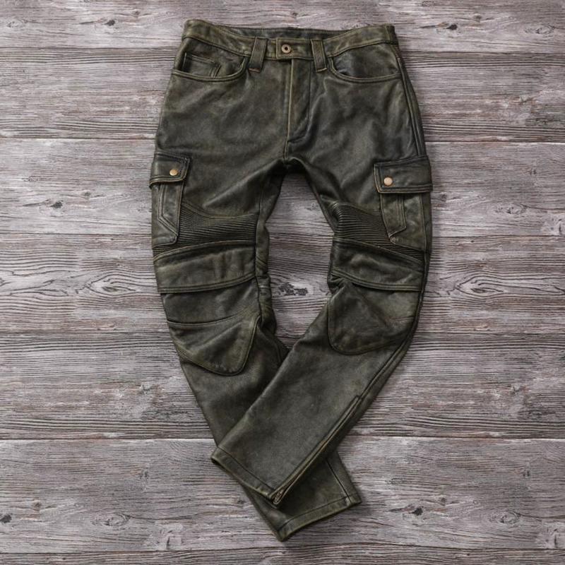 Chinese Size Vintage Gray Genuine Cowhide Leather Pants Men Motorcycle Biker Leather Trousers Autumn Winter Men Leather Pants