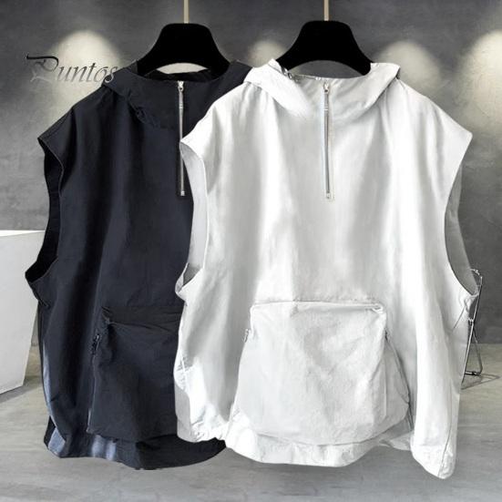Мужской летний жилет с капюшоном на молнии и половиной планки без рукавов в стиле хип-хоп, жилет, однотонный быстросохнущий жилет с большими карманами