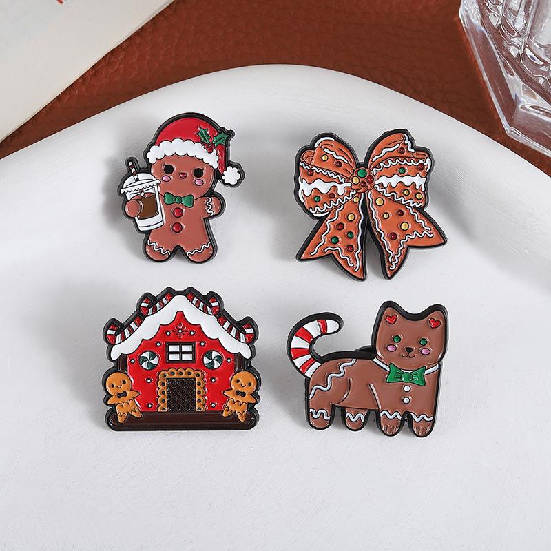 Christmas Gingerbread Man Enamel Pins Custom Bow Cookies Brooches Lapel Badges Clothes Funny Jewelry Gift for Kids Friends