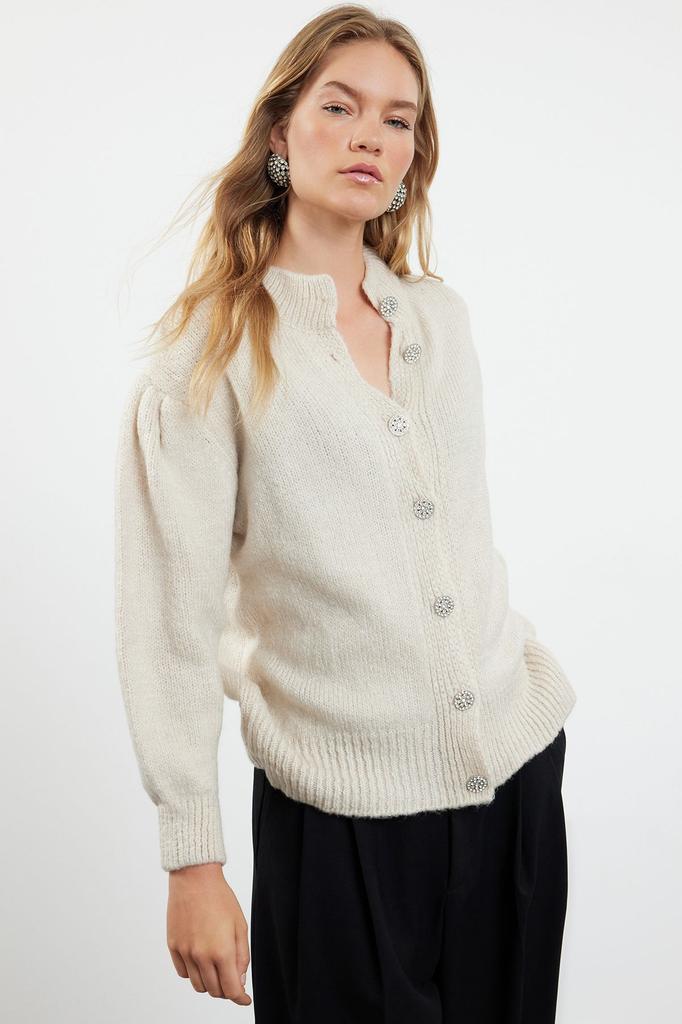 Women's Elegance Style Cardigan Stone Soft Textured Jewel Buttoned Jacket Look Knitwear Cardigan